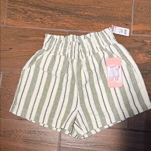 Ci Sono Green and White Striped High Waist Shorts